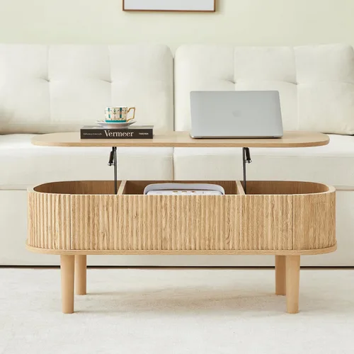 Vista 7 de Mesa de centro con parte superior acanalada totalmente montada con compartimento oculto, mesa central de madera, moderna mesa de elevación ovalada