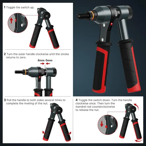 Vista 13 de TOLRET Kit de Herramienta para Tuerca Remachable Kit de Tuerca Remachable, Kit de Herramienta Rivnut con 10 Mandriles Métricos y SAE, Kit Surtido