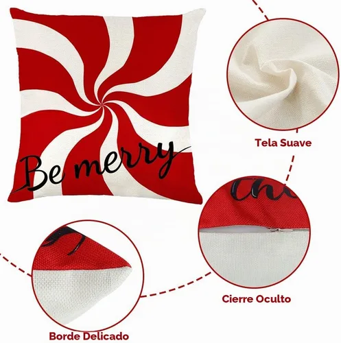 Vista 3 de Vellibring - Juego de 4 fundas de almohada de Navidad con diseño de caramelos, 45 x 45 cm, rojo y blanco, fundas de almohada para sofá, decoración