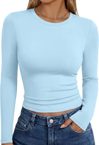 Vista 29 de Trendy Queen Camisetas de manga larga para mujer, camisetas básicas de Verde militar