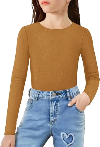 Vista 16 de Arshiner Camisas de punto acanalado de manga larga para niñas, suaves, ajustadas, cuello redondo, casual, capa base Blanco