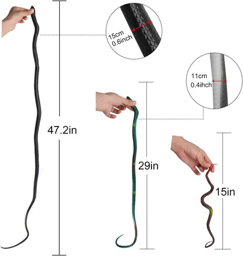 Vista 2 de Outee 7 serpientes de goma realistas – Juguetes falsos de serpiente negra de 15 a 47.2 pulgadas para accesorios de jardín, pájaros asustadores