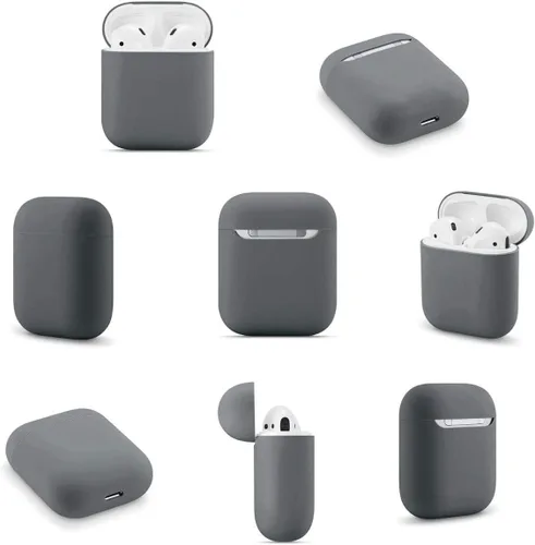 Vista 6 de Funda de silicona protectora completa compatible con Airpods 1 y 2, sin accesorios de cubierta de llavero, soportes visibles LED frontales (gris)
