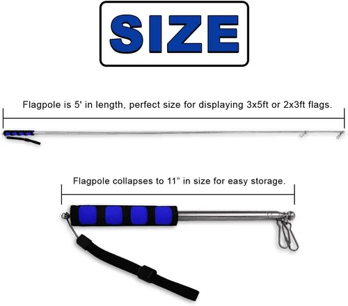 Vista 6 de Poste de mano retráctil extensible compacto (azul) - 11 pulgadas perfecto para mochilas, llevar a eventos, desfiles, excursiones, fiestas, etc