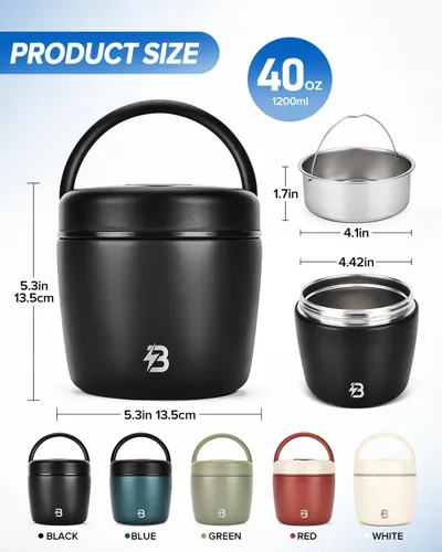 Vista 6 de Termo para comida caliente para adultos, termo de sopa de boca ancha de 40 onzas con cuchara, color negro