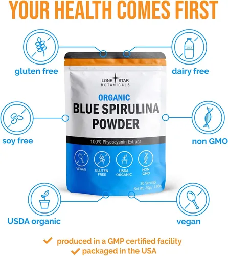 Vista 5 de Polvo de espirulina azul orgánico, 100% puro superalimento de algas azul-verdes, sin olor a pescado, colorante natural para batidos y bebidas