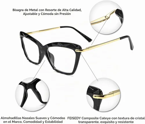 Vista 5 de FEISEDY Gafas de ojo de gato Marco Lentes transparentes Gafas ligeras para mujer B2440 Negro