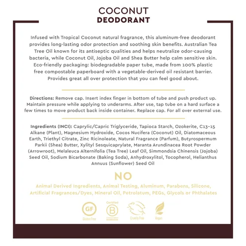 Vista 5 de Desert Essence Desodorante de coco – 100% libre de plástico, protección natural del olor – Sin aluminio ni parabenos con árbol de té y manteca