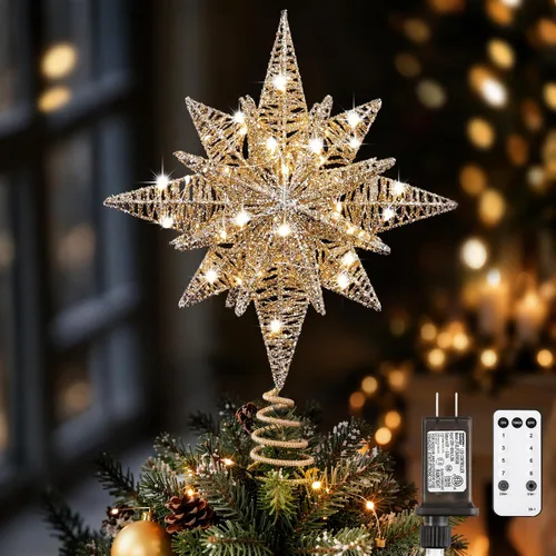 Vista 15 de Lewondr Decoración para árbol de Navidad, enchufe 3D Starburst iluminado A-champán Oro