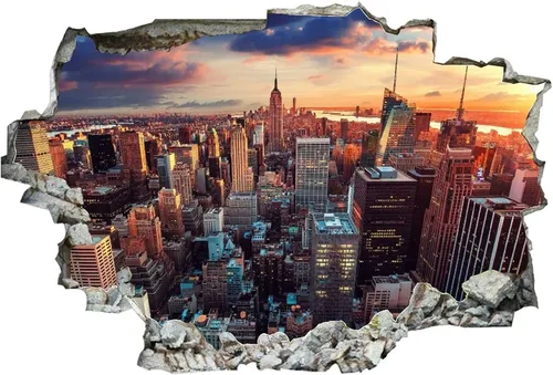 Vista 2 de USA Houses Skyscrapers Evening New York - Calcomanía de pared con diseño de paisaje 3D, extraíble, divertido arte de pared, decoración del hogar