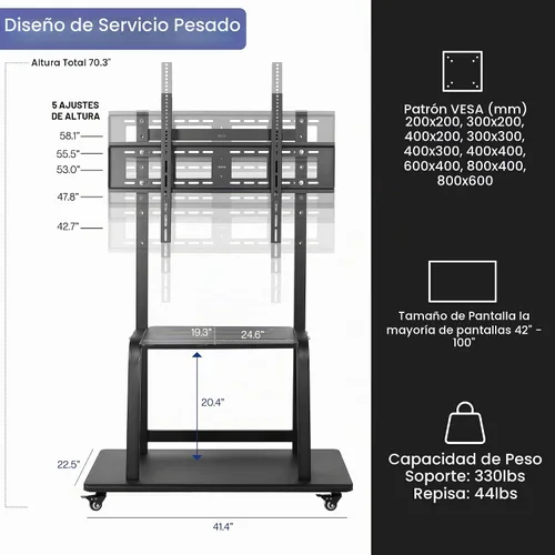 Vista 3 de VIVO Carrito de TV móvil resistente para pantallas de 42 a 100 pulgadas de hasta 330 libras, LCD LED OLED 4K Smart Flat y Paneles curvos, Max
