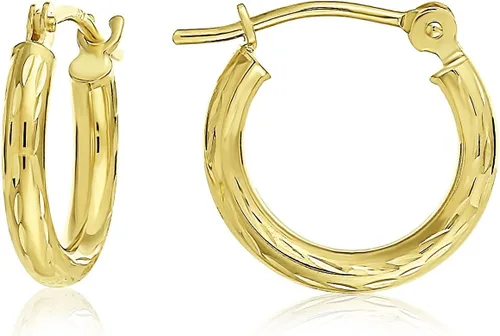 Vista 11 de Aretes de aro redondos de oro amarillo de 10 quilates grabados a mano, corte de diamante, cierre seguro en la parte trasera