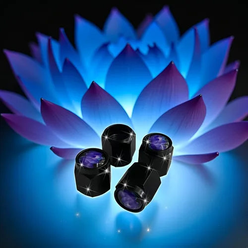 Vista 5 de Tapones de vástago de válvula de neumático de loto azul morado, 4 piezas de tapas de válvula de aire de metal negro, tapas de vástago de rueda