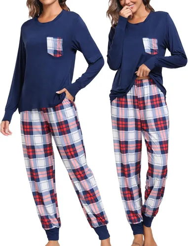 Vista 4 de SWOMOG Pijamas de Navidad para adultos, pantalones de pijama a cuadros con bolsillos, camisetas de manga larga para parejas y familia