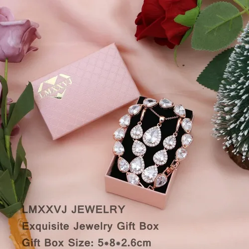 Vista 6 de LMXXVJ Juego de collar y aretes largos, chapado en oro blanco, juego de joyas de zafiro azul creado, joyería de regalo para boda, fiesta de boda