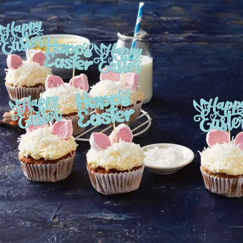 Vista 8 de Gyufise Paquete de 24 adornos azules con purpurina para cupcakes de Pascua con orejas de conejo de Pascua, decoraciones para fiesta de Pascua