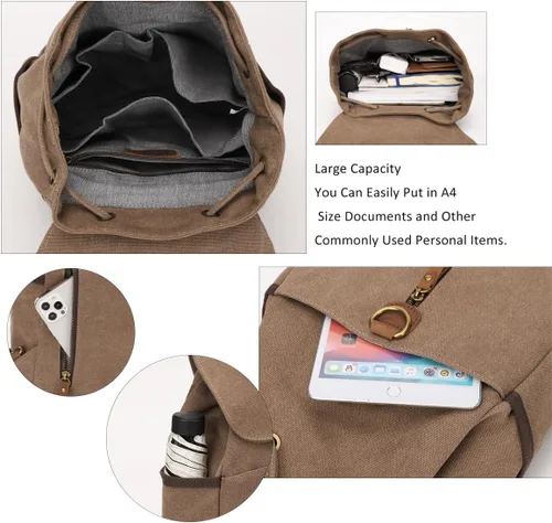 Vista 4 de KL928 Mochila de lona Mochila grande casual vintage para viajes al aire libre, mochila de senderismo para hombres y mujeres, marrón