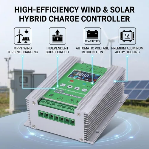 Vista 2 de Luqeeg Wind - Controlador de carga híbrido solar con pantalla LCD DC12V 24V 48V controlador automático de carga eólica y solar, viento de 1000 W +