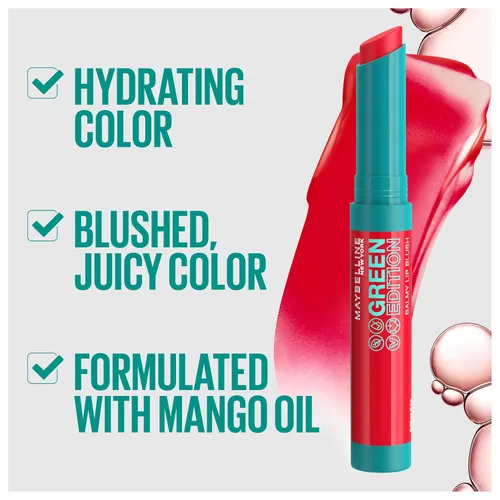 Vista 5 de Maybelline Green Edition Balmy Lip Blush, formulado con aceite de mango, Bonfire, Blue Red, 1 unidad