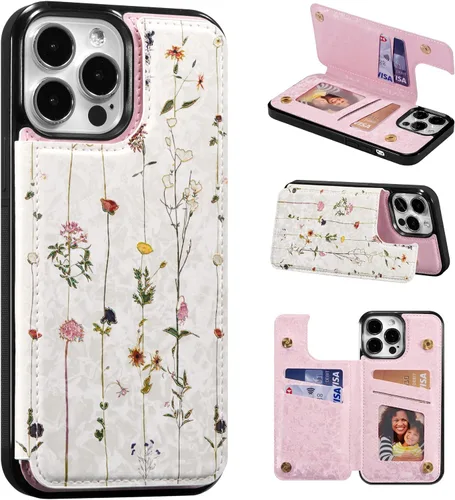 Vista 17 de UEEBAI Funda tipo cartera para iPhone 13 con tarjeteros, piel sintética, diseño floral, función atril, bloqueo RFID, doble cierre magnético, funda