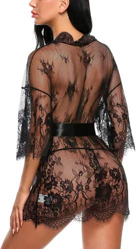 Vista 5 de Avidlove Kimono de encaje para mujer, tipo babydoll, camisón de malla, lencería, bata, tallas S-5XL