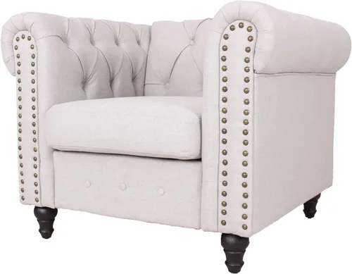 Vista 4 de Hybition Silla de lino tradicional Chesterfield Sofá individual con decoración de remaches y patas de madera para sala de estar, color gris claro