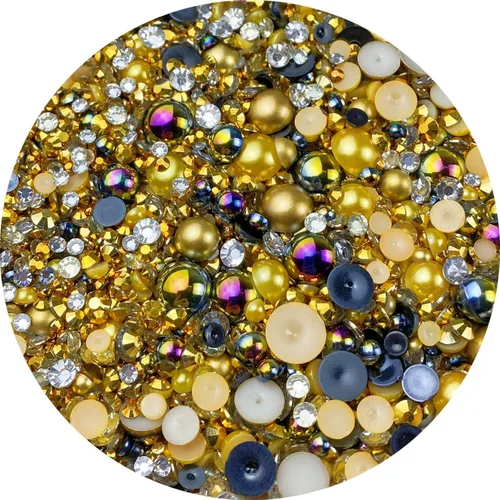 Vista 28 de Cuentas de resina con diamantes de imitación, mitad redonda, cuentas de perlas planas de 30 g, cuentas de media perla con diamantes de imitación