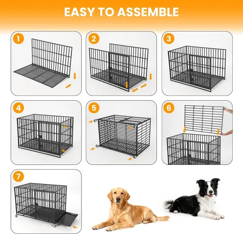 Vista 8 de Jaula para perros resistente a prueba de escapes, perrera de metal XL con 3 puertas, bandeja extraíble y ruedas, jaula interior segura e