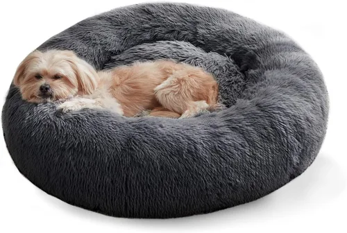 Vista 17 de Cama calmante para perros y gatos, cama antiansiedad, de felpa, con forma de dona, redonda, acolchada, de piel sintética, suave y esponjosa