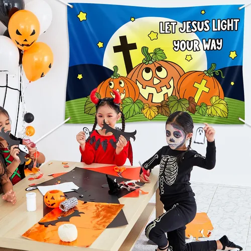 Vista 4 de Preboun 3 carteles de telón de fondo de calabaza cristiana de Halloween para fiestas, 40 x 60 pulgadas, decoración religiosa de tronco o trato