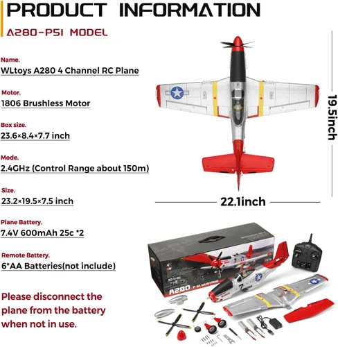 Vista 6 de CKYSCHN WLtoys XK A280 Avión RC, avión RC P51 Mustang de 4 canales con luces, aviones RC sin escobillas 6G/3D, avión de control remoto 2.4G, aviones