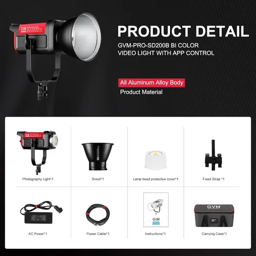 Vista 7 de GVM - Luz de video LED de 200 W, salida continua de 2700 K-6800 K, luz LED COB con control de aplicación DMX/Bluetooth, luz de estudio de YouTube