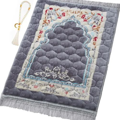 Vista 10 de Alfombra de oración musulmana con cuentas de oración Tasbih, suave y grande para oración islámica mate, alfombrilla de oración islámica acolchada