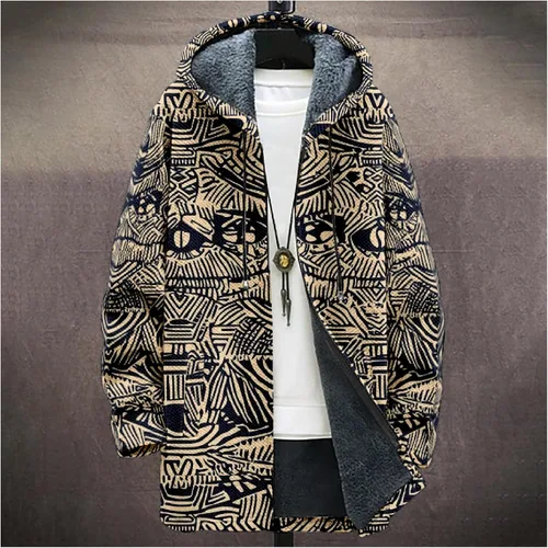 Vista 2 de Chaqueta de forro polar con capucha para hombre, con estampado azteca, de algodón pesado, con cremallera, manga larga, chaqueta con capucha