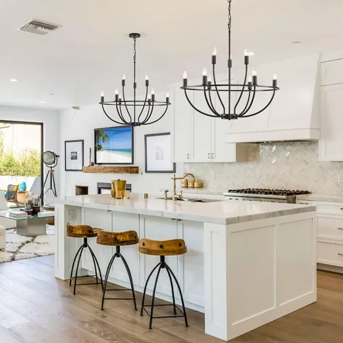 Vista 8 de Candelabros negros para comedor: 9 luces de casa de campo comedor, iluminación industrial rústica de isla de cocina, lámpara de araña redonda