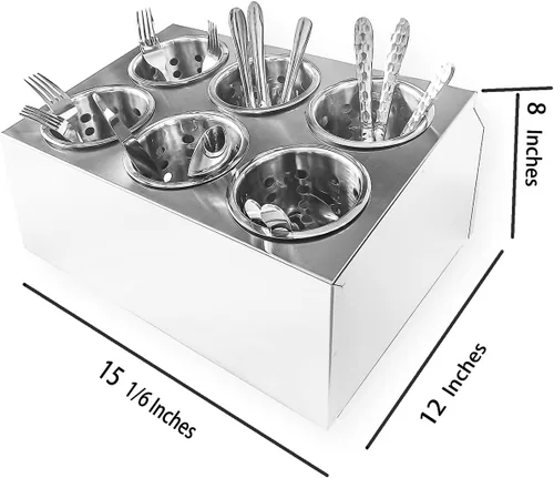 Vista 5 de Cilindro de acero inoxidable comercial de 6 agujeros para cubiertos de cubiertos, organizador de utensilios