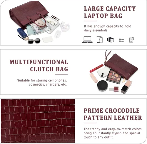 Vista 4 de BOLOSTA Bolsa para laptop para mujer, bolsa de trabajo de 15.6 pulgadas para mujer, bolsa grande de cuero impermeable para computadora con bolso