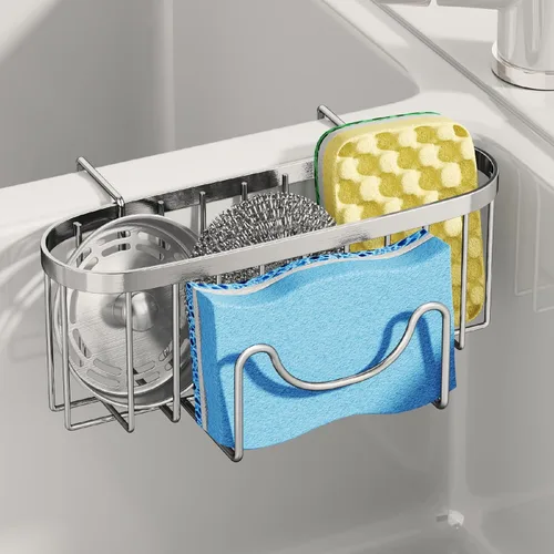 Vista 18 de SWTYMIKI Soporte de esponja para fregadero de cocina, organizador móvil para fregadero de cocina con gancho en forma de M, esponjas colgantes