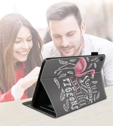 Vista 4 de Funda para tablet Kindle Fire 7 (9ª/7ª generación, versión 2019/2017), diseño de palomas con frase inspiradora «Be a Flamingo in a Flock», funda