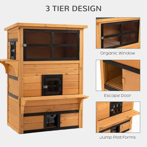 Vista 4 de 3-Tier Modular Cat House: Asphalt Roof, Lifted Floor, Escape Door + Jump Platforms, Yellow/Black Finish, 38.5x27x48in, Fir Construction, 10lb