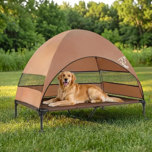 Vista 9 de Cama elevada mejorada para perros con toldo, cama elevada portátil para perros al aire libre con pies antideslizantes estables, cama para mascotas