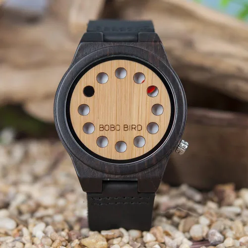 Vista 5 de BOBO BIRD Reloj de madera de bambú para hombre con correa de cuero de vaca negra, 12 agujeros, diseño temporizador, relojes deportivos casuales
