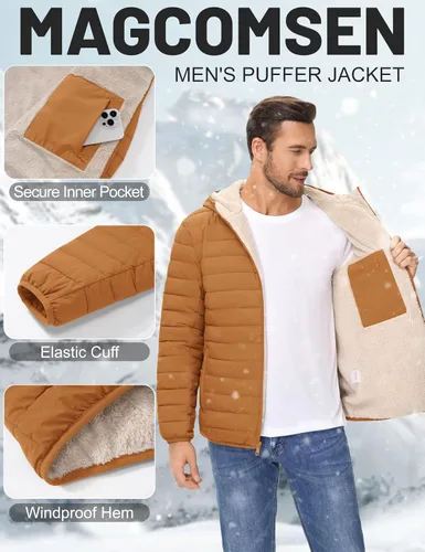 Vista 15 de MAGCOMSEN Chaqueta acolchada para hombre con capucha, forro de vellón, chaqueta térmica resistente al agua, chaqueta de plumón con cremallera