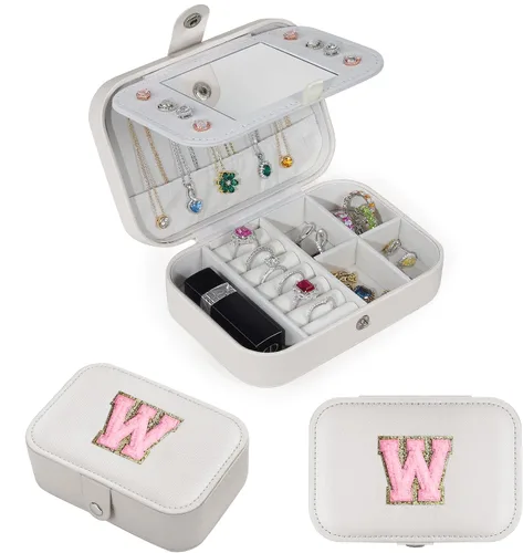 Vista 3 de Parima Joyero de viaje para mujeres y niñas, joyero con inicial W para adolescentes y niñas, caja de joyería mediana de viaje para mujer, joyero