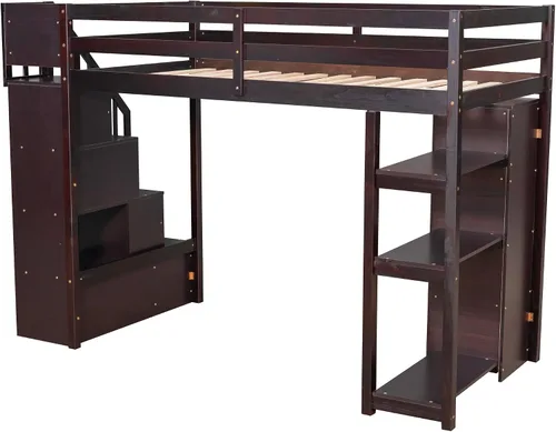 Vista 5 de Cama alta moderna con cajones de almacenamiento y escaleras, cama de madera tamaño individual con estantes y barandillas, para niños, niñas