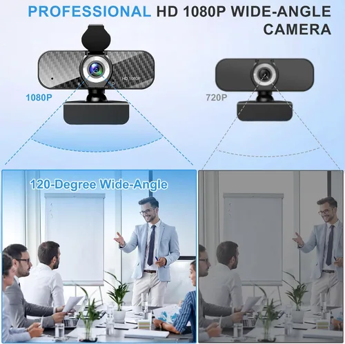 Vista 2 de Webcam Full HD 1080P con micrófono incorporado y trípode giratorio, placa de fibra de carbono y cubierta de privacidad, corrección de luz
