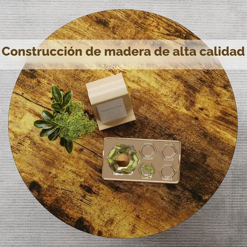 Vista 3 de Elephance Mesa de centro redonda con almacenamiento, mesa de centro de 3 niveles para sala de estar, mesa de madera marrón caramelo con marco negro