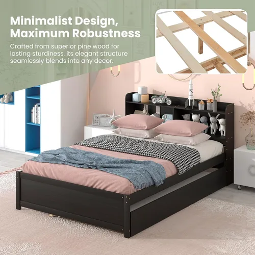 Vista 5 de Bellemave Cama matrimonial con nido y estantería, base de cama de plataforma con almacenamiento para niños, sin ruido, no necesita somier, fácil