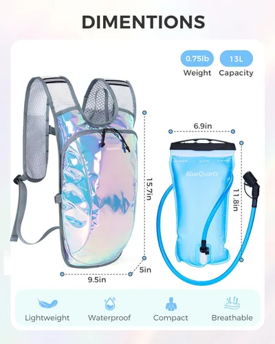 Vista 8 de Blue Quartz Rave Hydration Backpack, Reflective Hiking Pack with 2L Water Bladder & Phone Pocket, Hydro Pack with Insulated Compartment for Festival