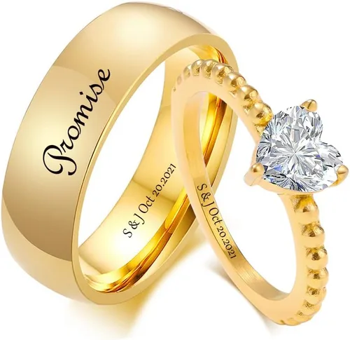 Vista 9 de Anillos de compromiso personalizados a juego para parejas, juego de anillos de boda de acero inoxidable dorado para él y ella, anillos de pareja